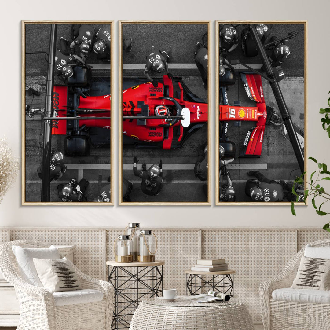 Ferrari Pit Stop Canvas Wall Art displayed prominently in the living room.