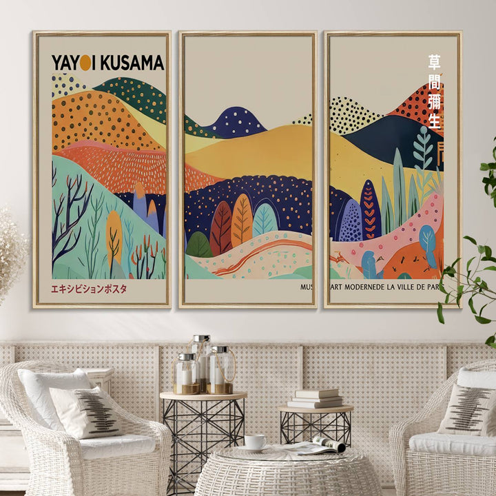 A vibrant Yayoi Kusama abstract print adorns the space.