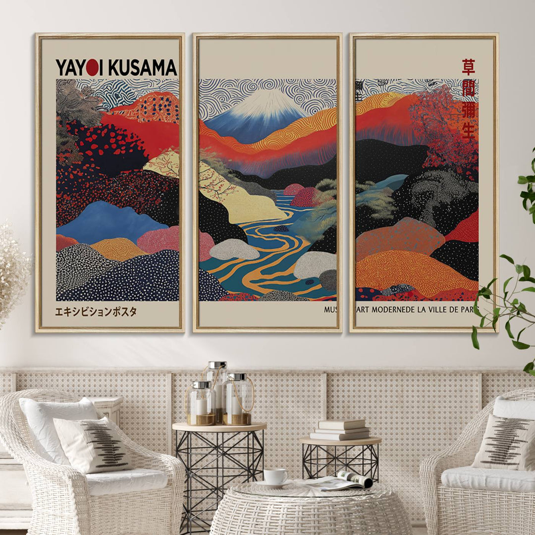 The room showcases Kusamas 1986 vibrant abstract landscape wall art print.