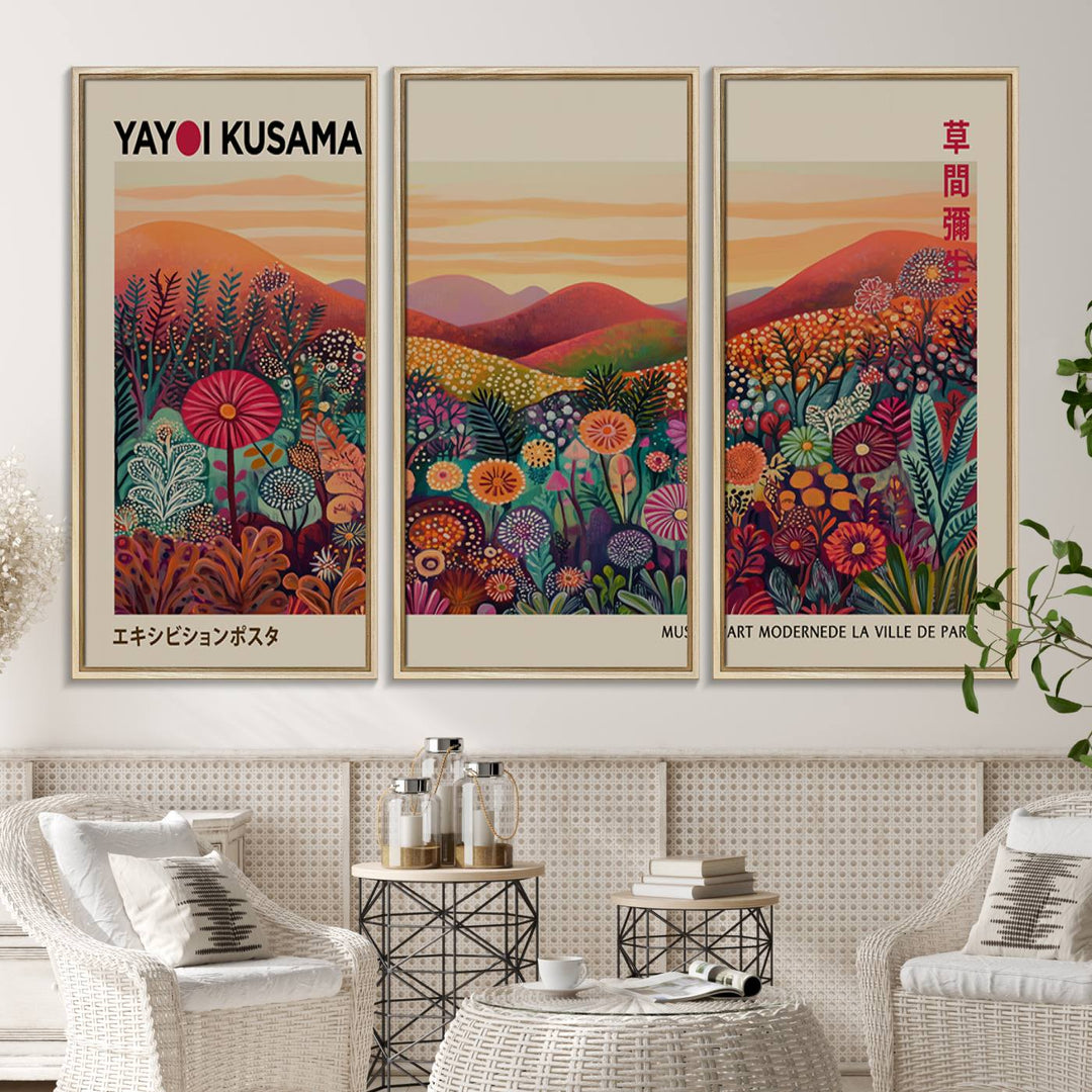 A framed Yayoi Kusama abstract landscape art print adorns the wall.