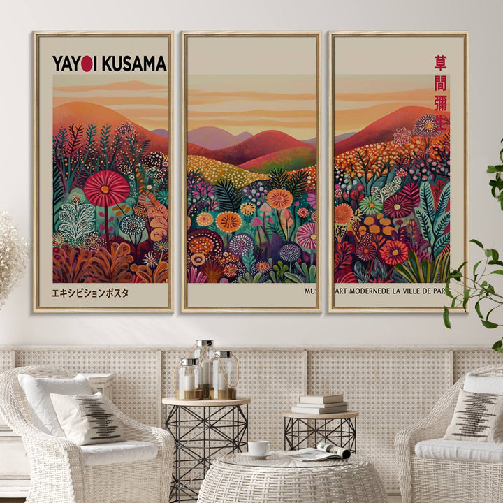 A framed Yayoi Kusama abstract landscape art print adorns the wall.