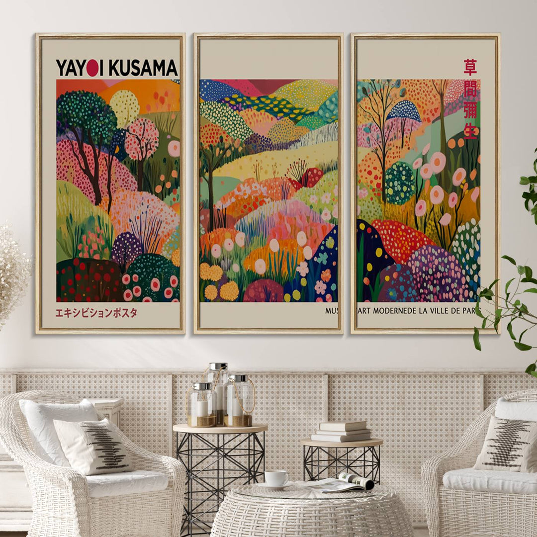 The Framed Yayoi Kusama 1986 Wall Art Print brings vibrant abstract landscapes to enhance the wooden wall.