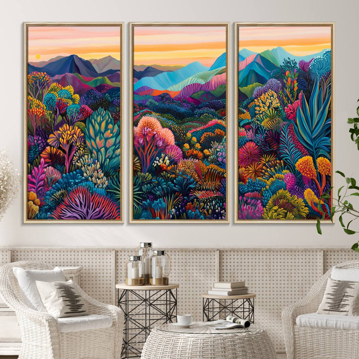 A colorful abstract wall art print canvas adorns the space.