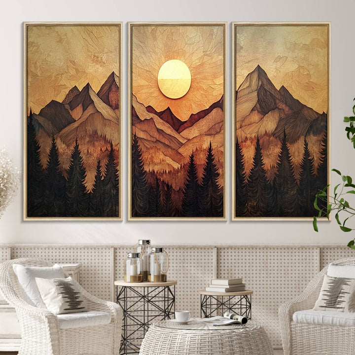 The dining area features a Wood Style Abstract Mountain Sunset canvas wall art print.