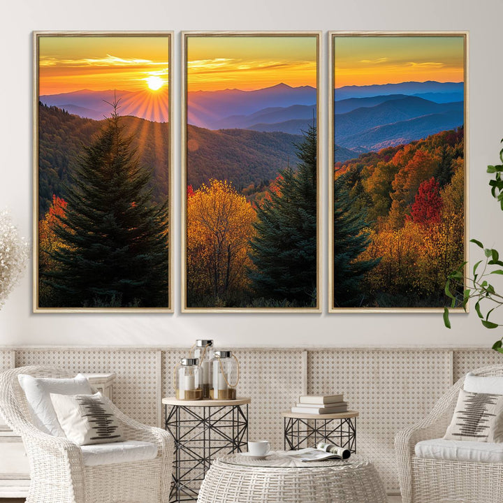 Golden Sunset Over Mountain Forest Canvas Wall Art Print - Warm Nature-Inspired Landscape for Living Room, Dining Room, or Office, Ready to Hang