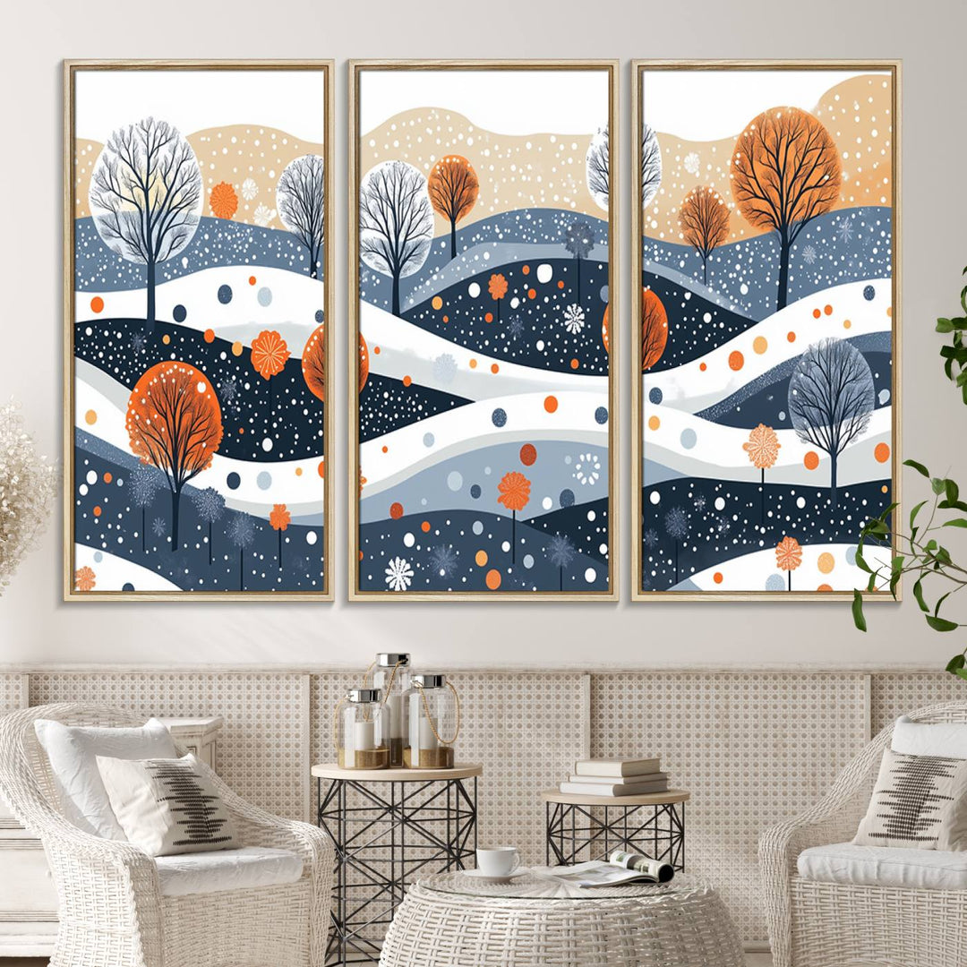 The "Abstract Winter Landscape Canvas Wall Art Print," featuring a triptych of landscapes with trees and hills in vibrant orange, white, and blue hues, adds a gallery-quality finish that transforms the space into an art lover's dream.