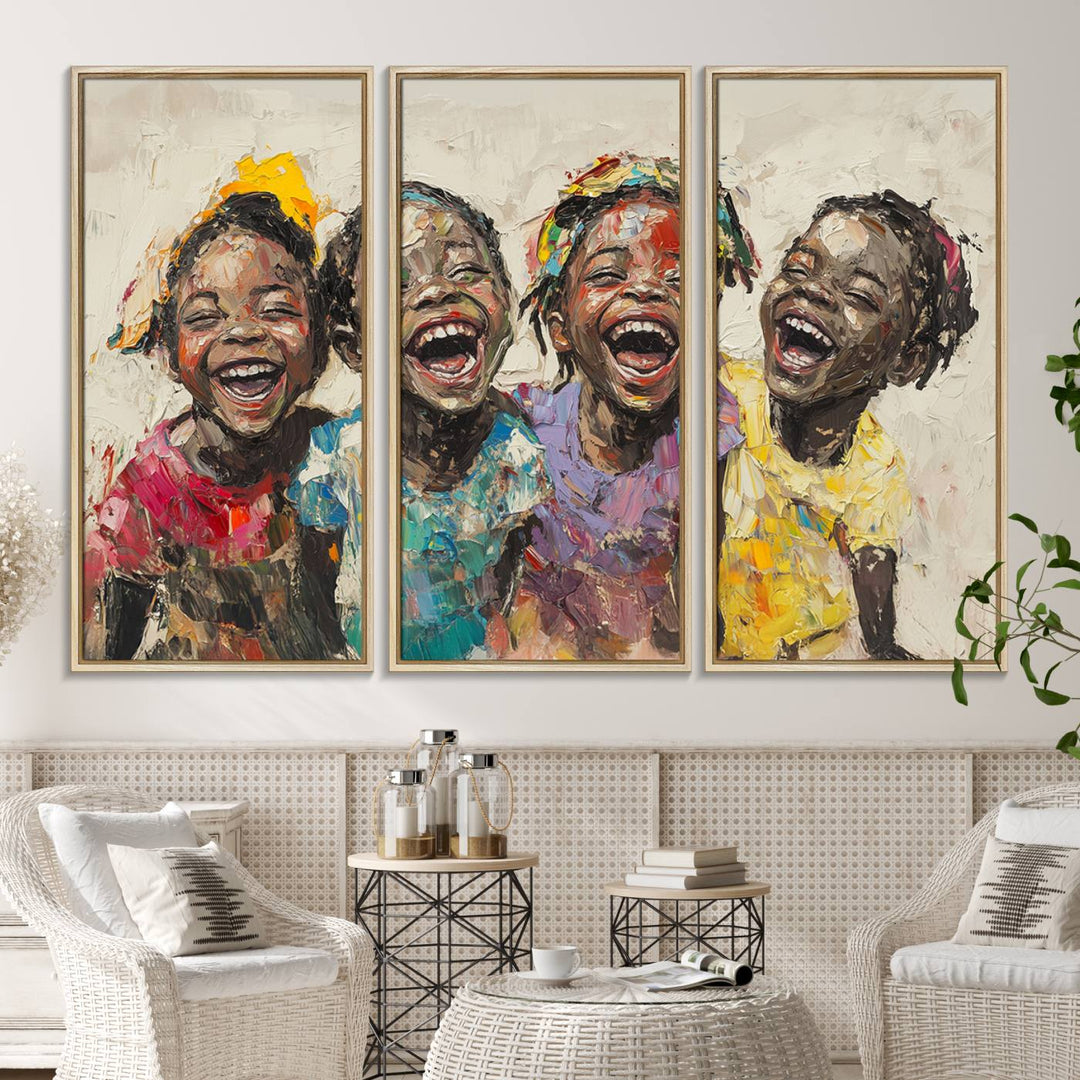 The Shai Yossef style "Joyful Childhood Canvas Wall Art" beautifully depicts an expressive impasto painting of three cheerful black children laughing, capturing the joyous essence of childhood.