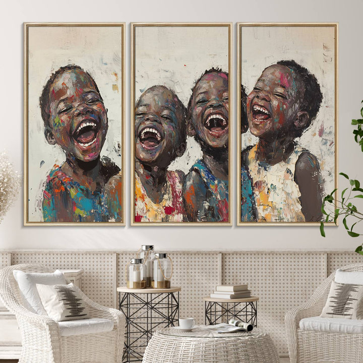 This Shai Yossef Print - Joyful Childhood Canvas Wall Art is an expressive impasto painting of laughing children. As framed abstract art for your living room, it adds a touch reminiscent of Shai Yossef's unique style to any living space.