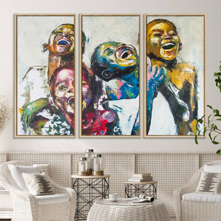 A multi-panel decor piece titled "Joyful African Black Kids" by Shai Yossef features a vibrant impasto painting of four children laughing and is elegantly displayed as premium canvas wall art.