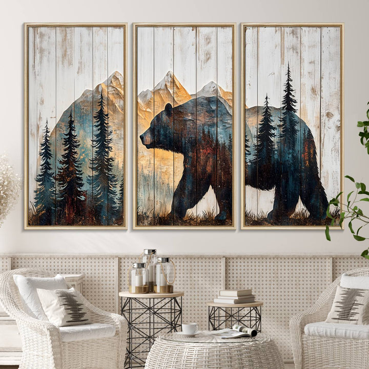 Rustic Bear Wall Art - Grizzly 399 Bear Wall Art - Mountain Wood Canvas Wall Art - Nature Theme Framed Artwork with Forest Silhouette