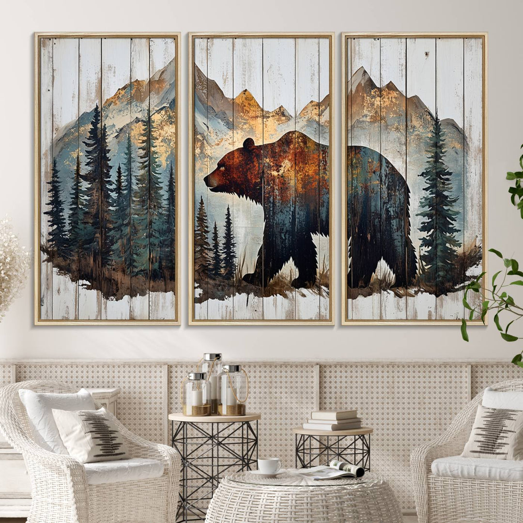 The living room features Rustic Grizzly 399 bear wall art, adding a cozy touch to the setup.