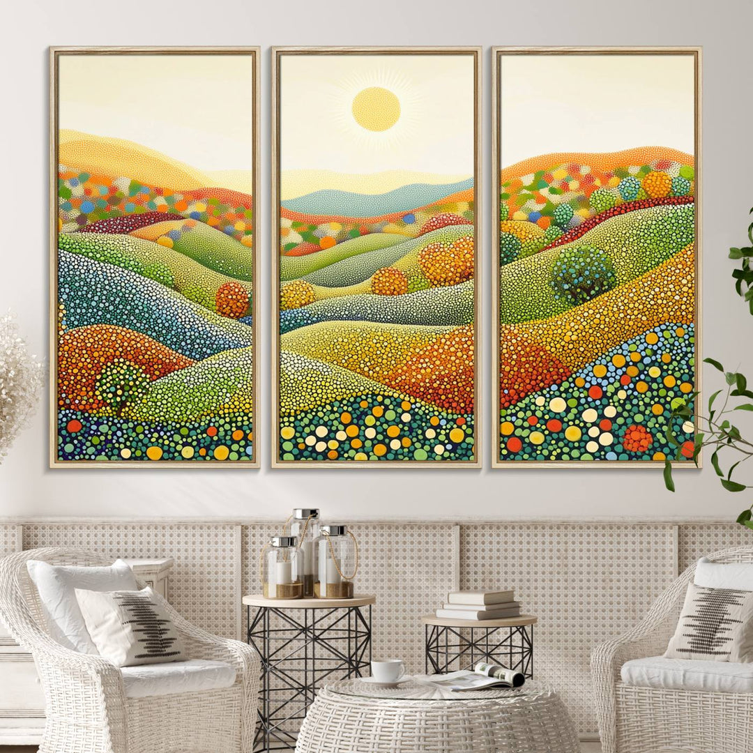 The YAYOI KUSAMA Colorful Dot Art Landscape Canvas, a framed abstract pointillism piece inspired by nature featuring vibrant rolling hills and a sun, adds gallery-quality elegance to your living space.