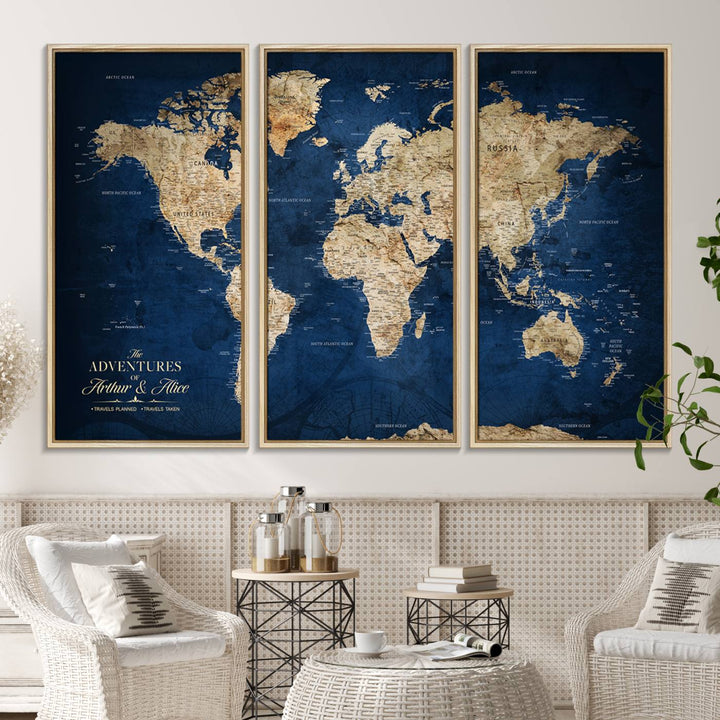 A Personalized Custom World Map Canvas Print on blue hangs prominently.