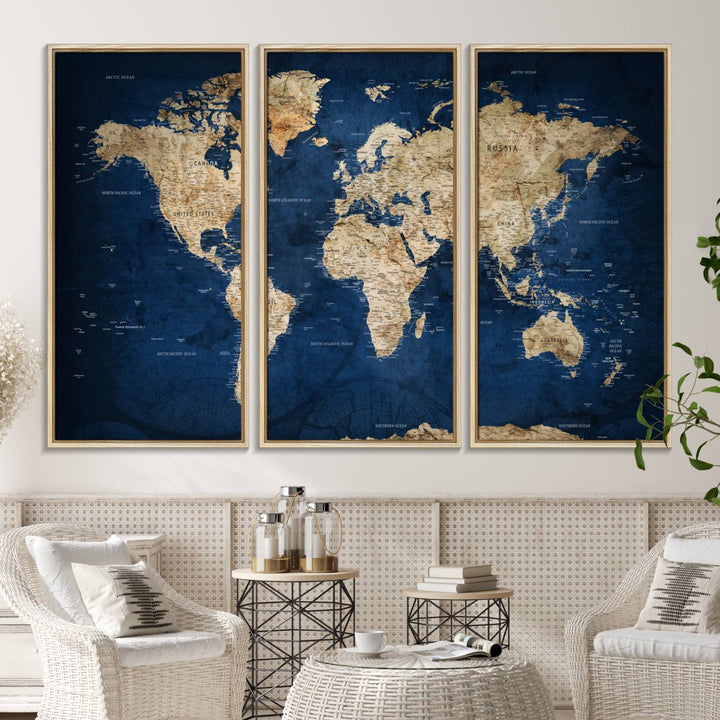 A personalized world map canvas print hangs above.