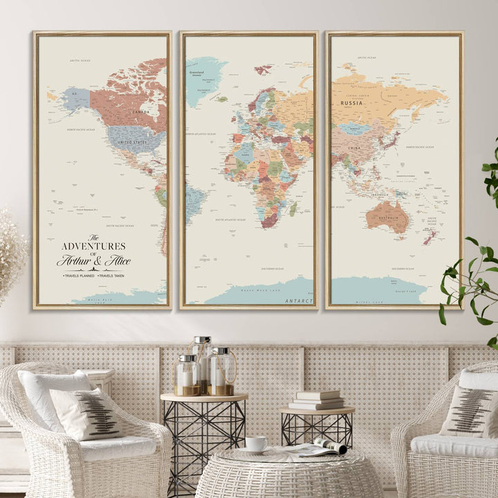 A large, colorful Custom World Map Canvas hangs on the light-colored wall.