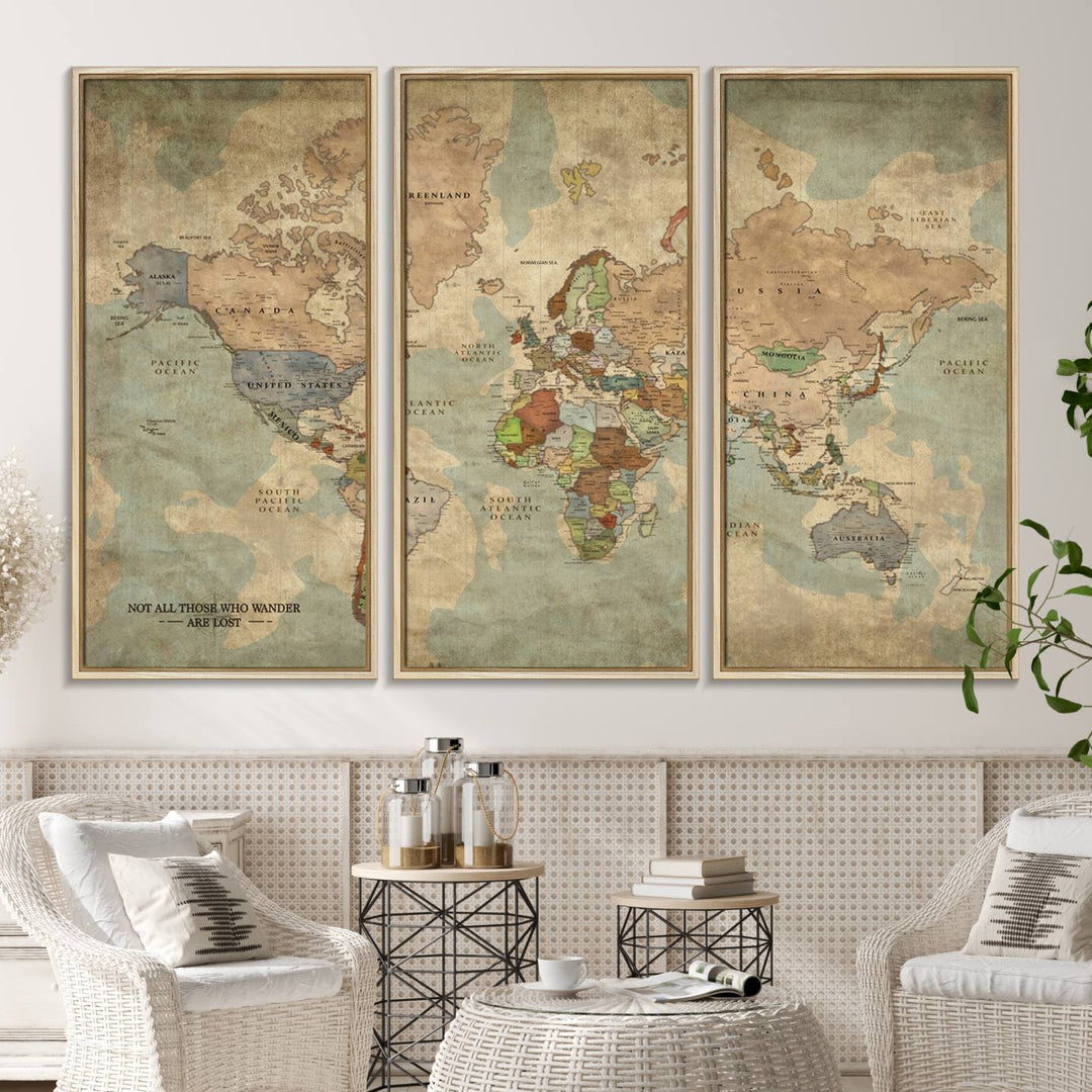 A Personalized World Map Canvas Print in vintage style enhances the setting with its artistic charm.