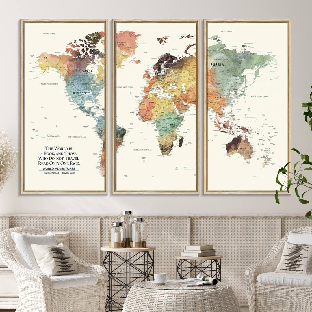 A colorful Personalized World Map Canvas Print, ideal as wall art for living room or office.