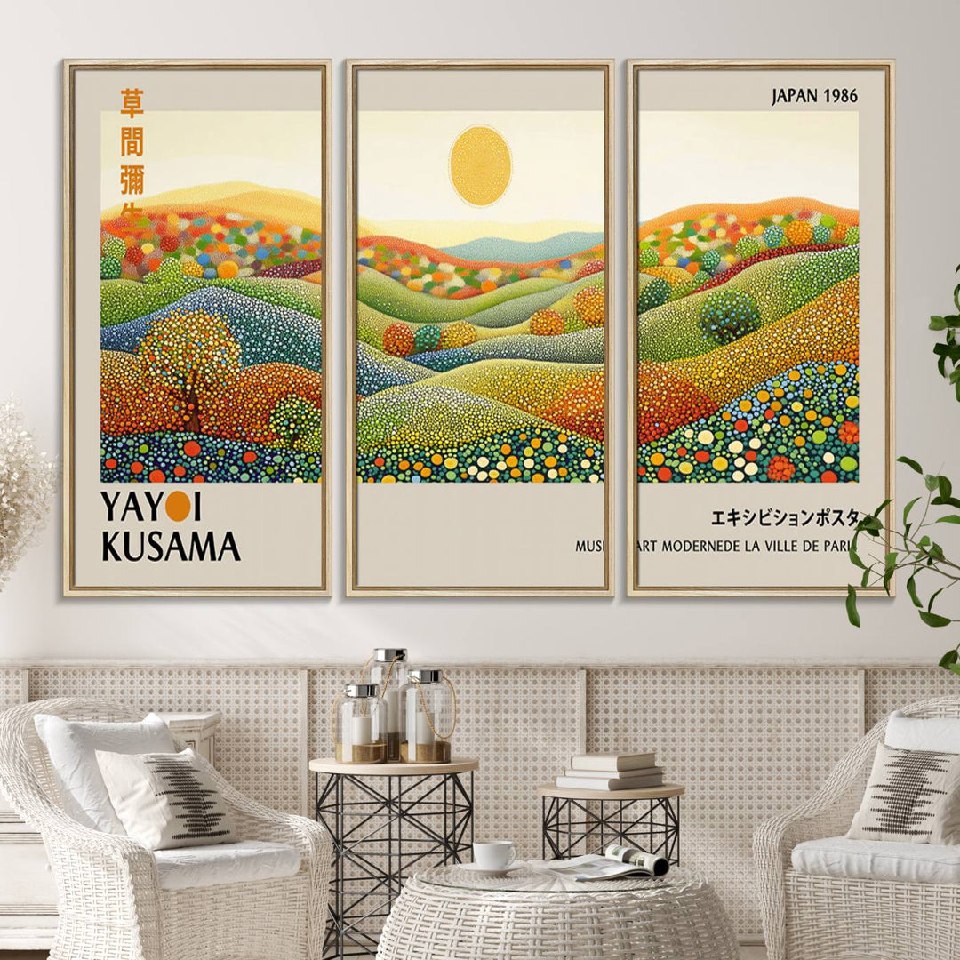 The Yayoi Kusama Wall Art Print – Wabi Sabi Japanese wall art features a vibrant abstract landscape design with dotted patterns and a bright yellow sun.