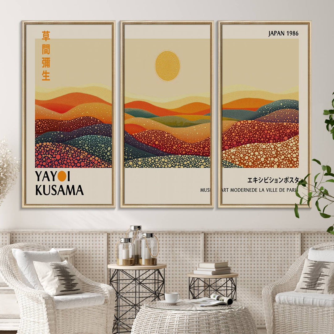 The Yayoi Kusama Wall Art Print is a vibrant abstract landscape canvas featuring colorful, dotted hills and a sun, reminiscent of Yayoi Kusama's iconic designs.