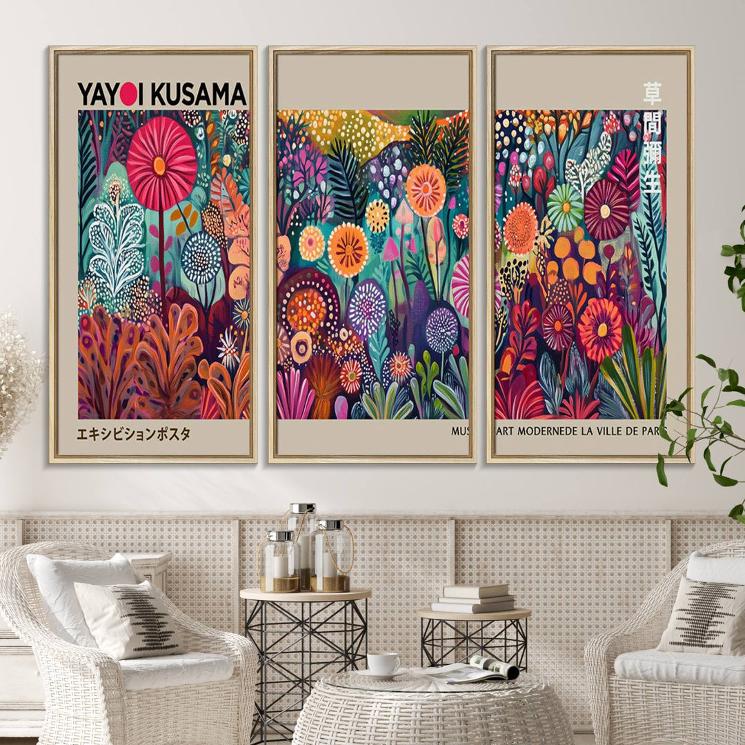 A vibrant Yayoi Kusama Wall Art Canvas Print is held on a porch.