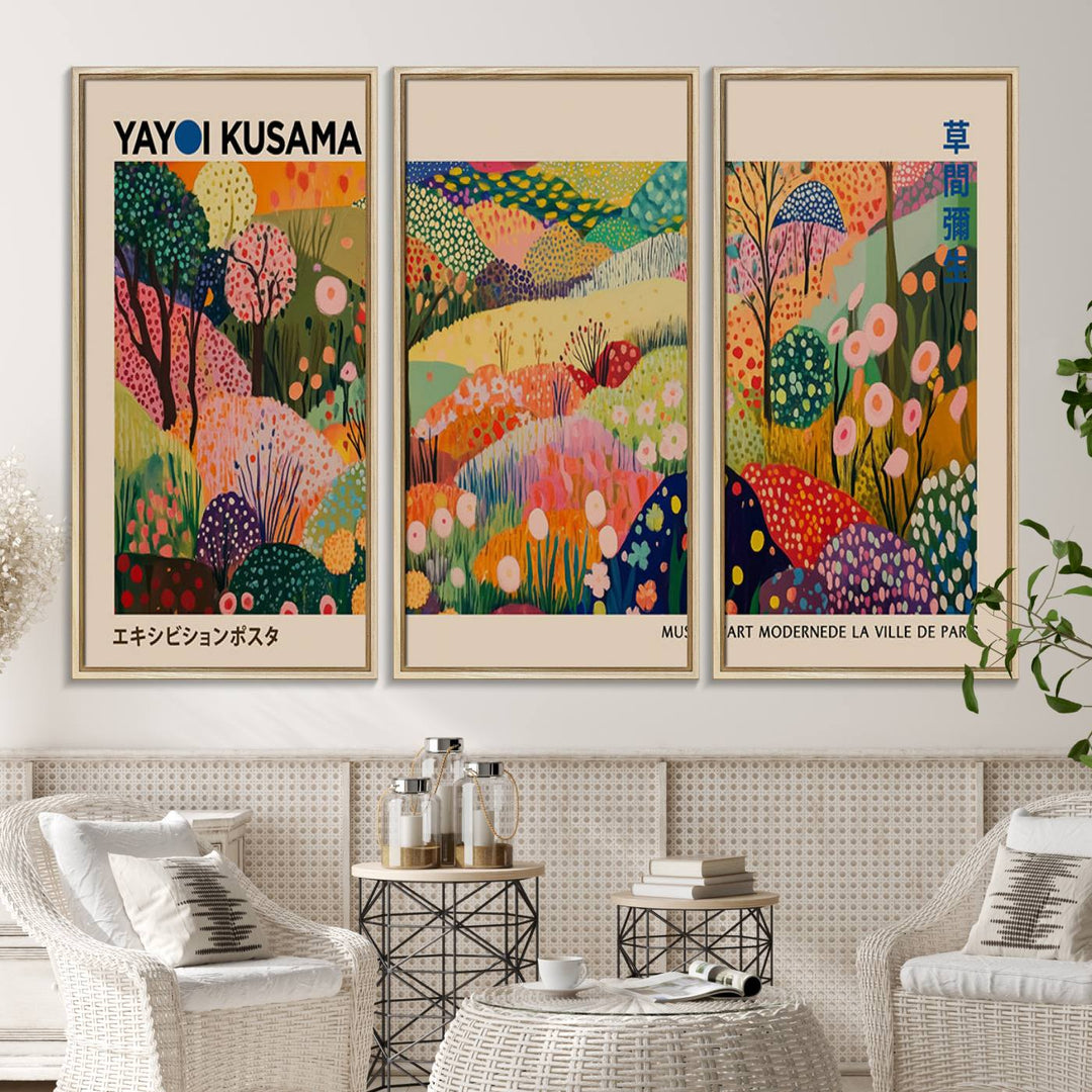 A Yayoi Kusama Wall Art Canvas Print featuring vibrant abstract floral patterns is displayed in a tranquil forest setting.