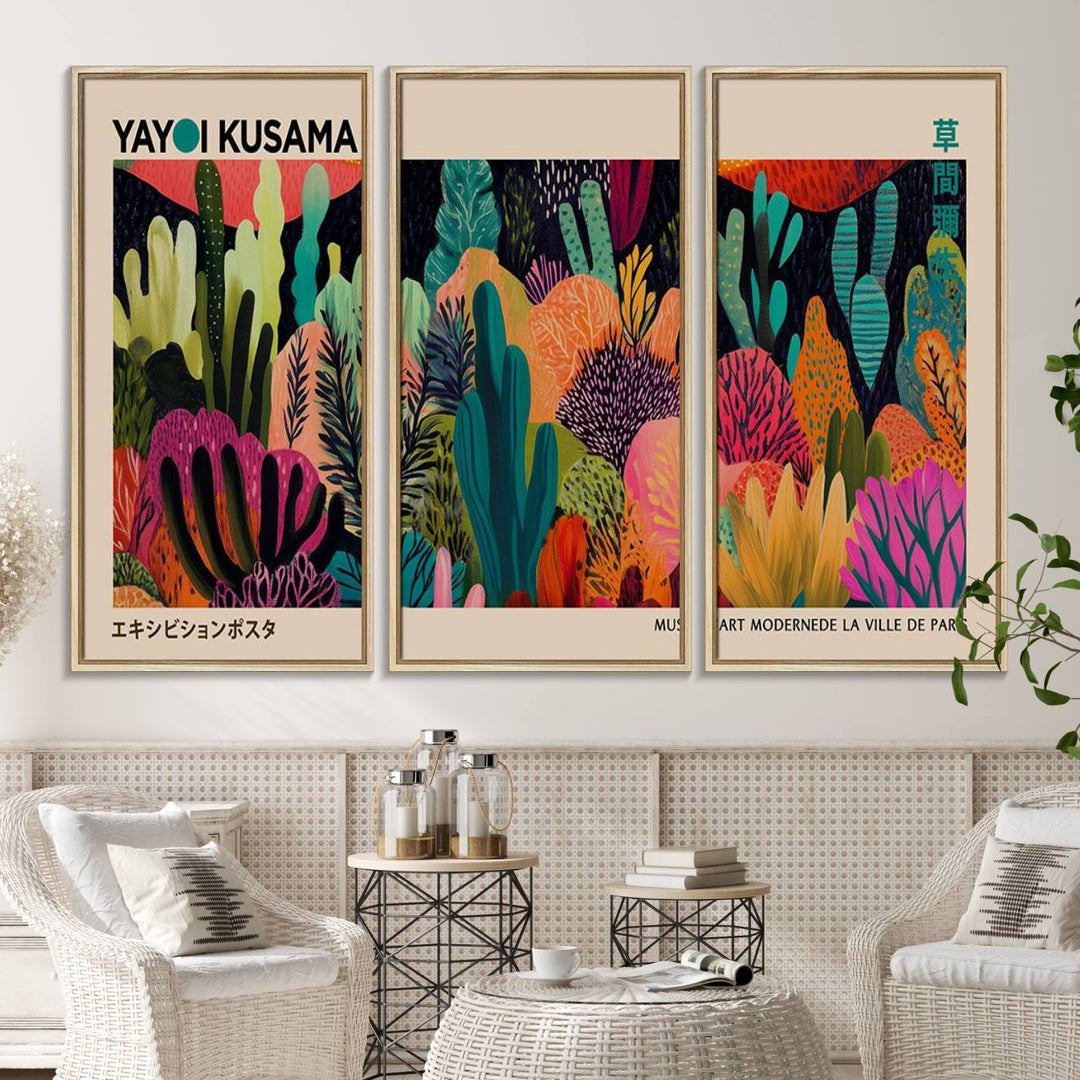 A vibrant Yayoi Kusama Wall Art Canvas Print showcases intricate abstract flora on a light background.