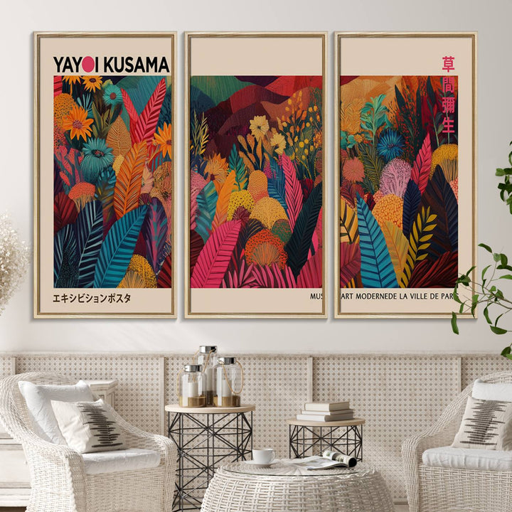 The Yayoi Kusama Inspired Wall Art Canvas Print features colorful flowers and foliage, presented with a premium canvas and gallery-quality finish.