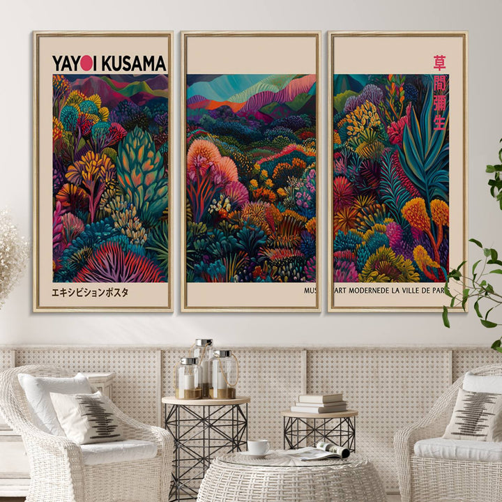 The Yayoi Kusama Wall Art Canvas Print features a vibrant and colorful landscape with abstract vegetation, perfectly capturing the essence of Japanese Wabi Sabi aesthetics.