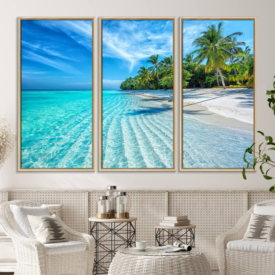 The Tropical Beach Wall Art Canvas Print features turquoise water and palm trees.