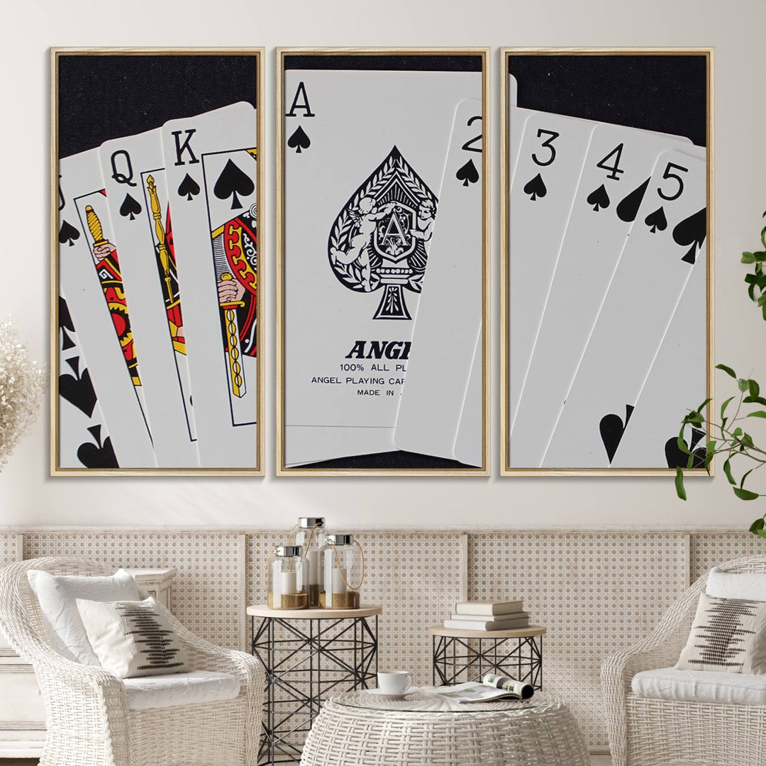 The oversized Poker Wall Art features the Ace of Spades and is displayed on a porch.