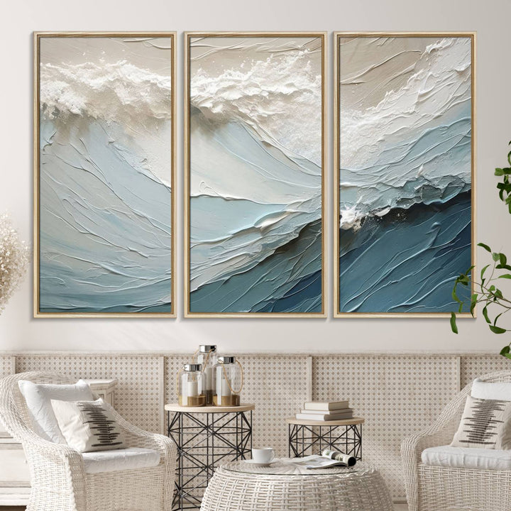 Waves Abstract Wall Art Print displayed on a porch with white siding.