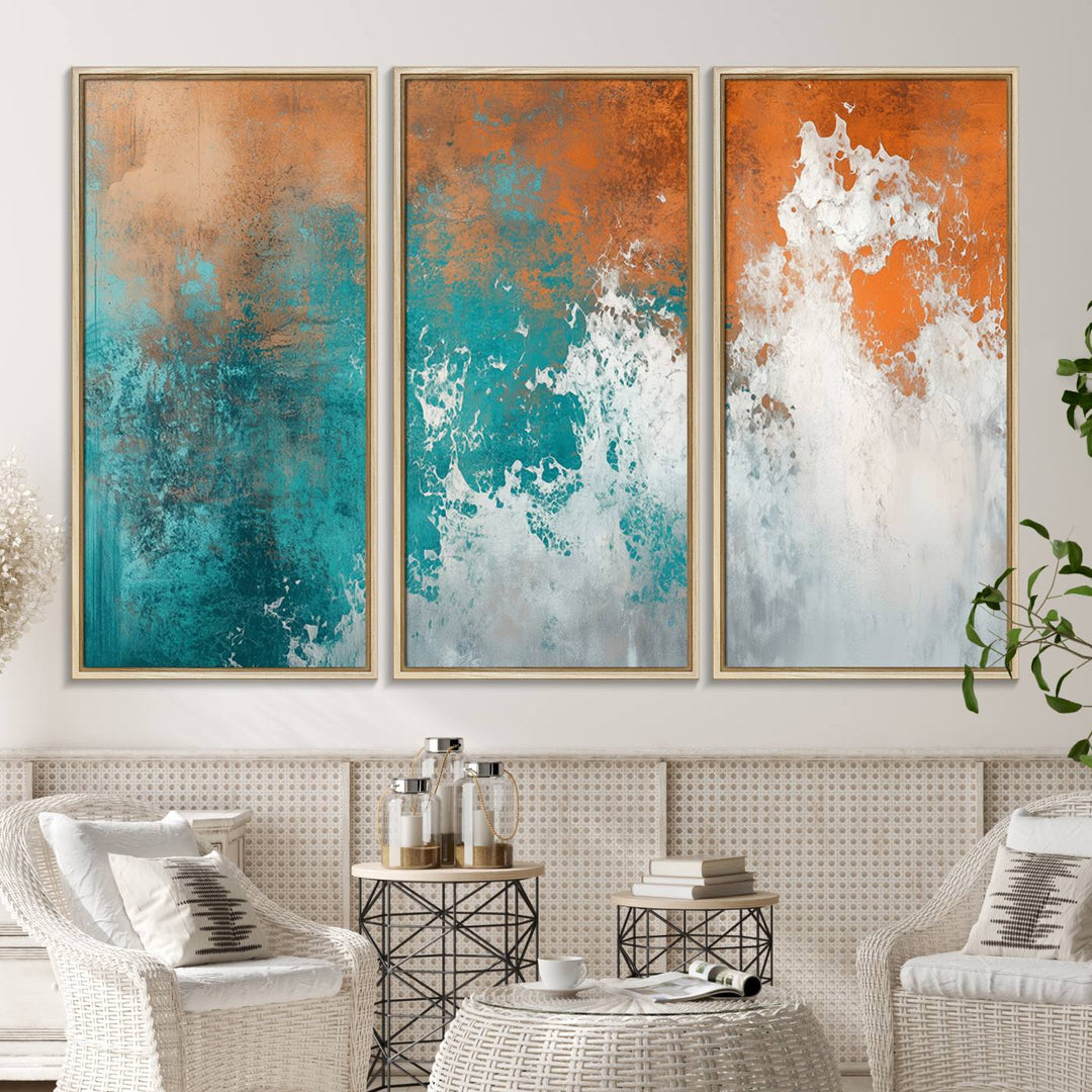 The Vintage Abstract Print - Bold Teal and Orange Canvas Wall Art is displayed on a porch.