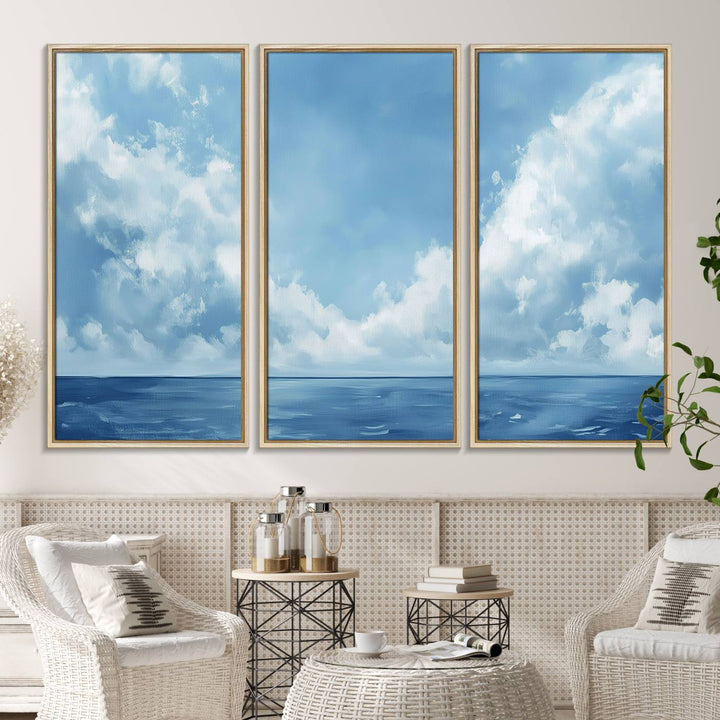 Abstract Ocean Print - Serene Blue Canvas displayed on a porch featuring minimalist decor.