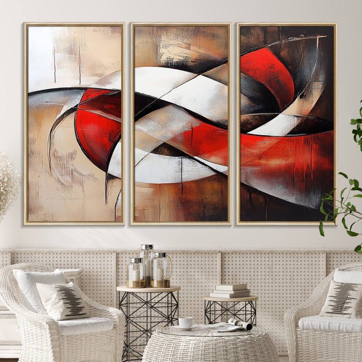 The "Abstract Wall Art - Modern Red and White Canvas Wall Art Print" features bold geometric shapes in red, black, and white on a beige background, enhancing contemporary aesthetics. This canvas print adds a striking focal point to any room, beautifully complementing the modern vibe of the space.