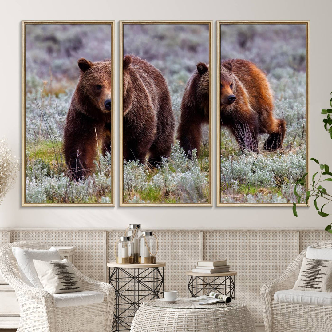 The "Grizzly 399 in Wild Flowers" wall art canvas print, showcasing grizzly bears amidst vibrant wildflowers, elegantly captures the enchanting essence of nature. This handmade piece from the USA brings striking beauty to any space.