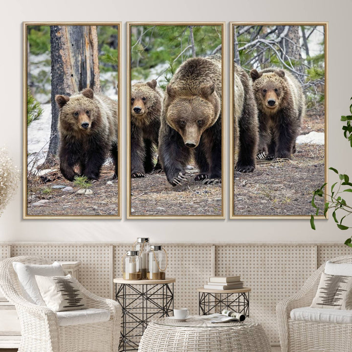 The wall art, a breathtaking canvas print titled "Queen of the Tetons," features 399 Grizzly Bear Cubs majestically captured in a forest setting. It is printed on premium canvas and handmade in the USA.