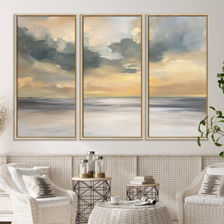 The Modern Coastal Wall Art Canvas Print features vibrant abstract ocean waves and clouds.