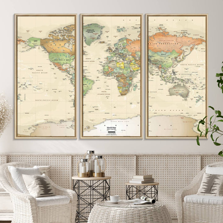 The Large Push Pin World Map Wall Art Canvas Print, with a gallery-quality finish, is carefully crafted on premium canvas and handmade in the USA. This piece adds a touch of elegance to any space.