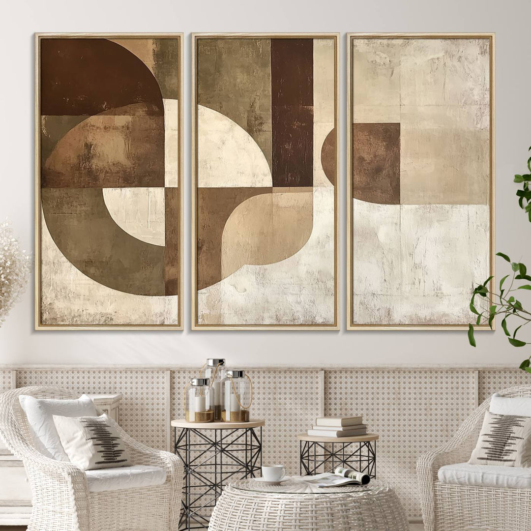 A Wabi Sabi Geometric Minimalist Wall Art Canvas Print—with a modern abstract geometric design in brown and beige tones—stands proudly in front of a house.