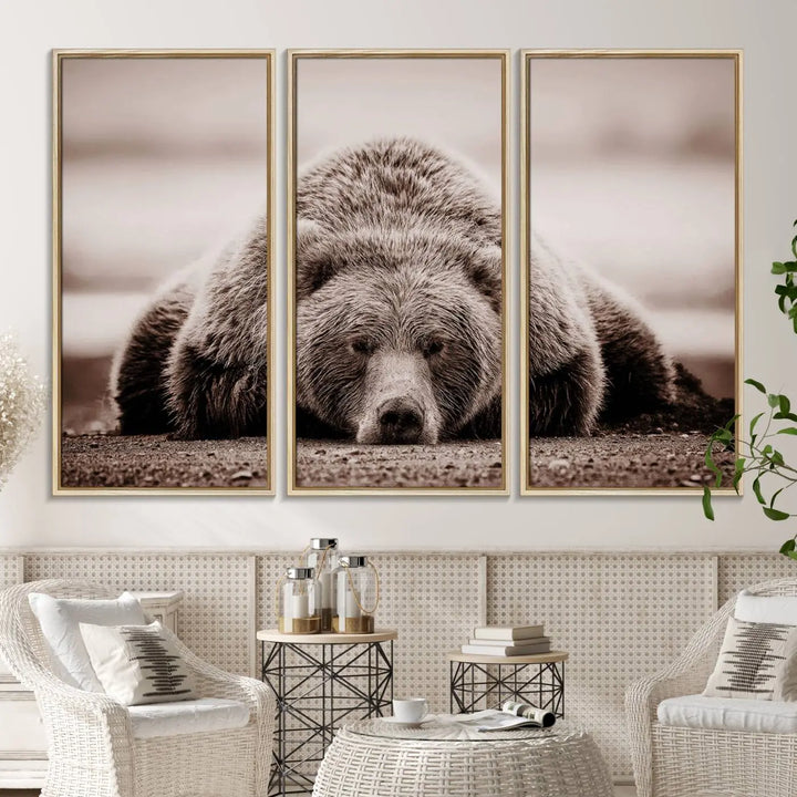 The Grizzly Bear Wall Art Print - a Rustic Bear Portrait Canvas - serves as the centerpiece on the wall, creating an elegant, nature-inspired decor.