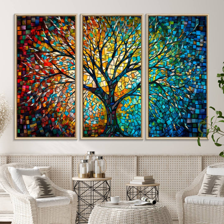 Explore the Yggdrasil Tree of Life Wall Art Print, a 3-panel canvas print made in the USA, featuring a vibrant multicolor mosaic design.