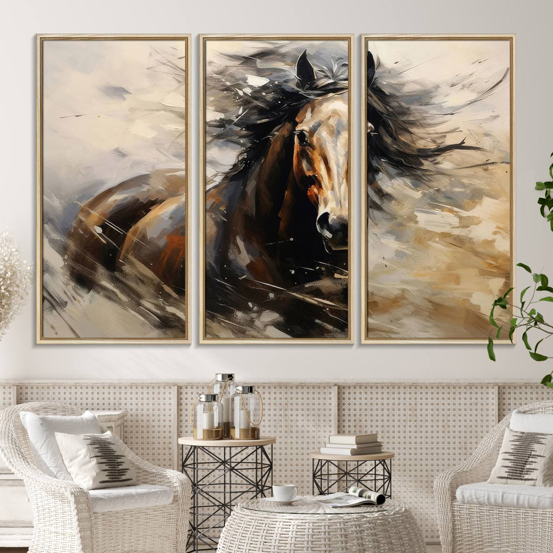 The Abstract Wall Art Horse Print adds rustic charm.