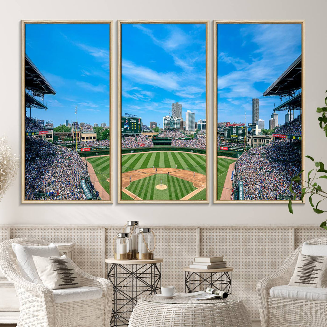 The Wrigley Field Chicago Cubs canvas art, depicting the iconic stadium, is perfect for sports lovers.