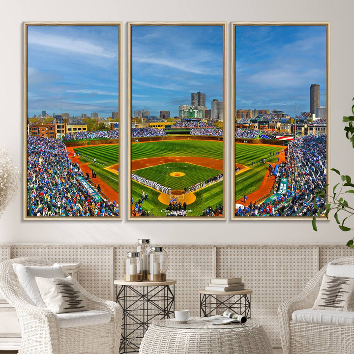 The Wrigley Field Cubs Panoramic Canvas Art hangs prominently in the modern living room.