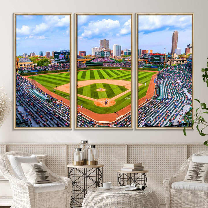 A 3-piece panoramic canvas wall art showcases an aerial view of a packed Chicago Cubs game at Wrigley Field, perfect for sports lovers.