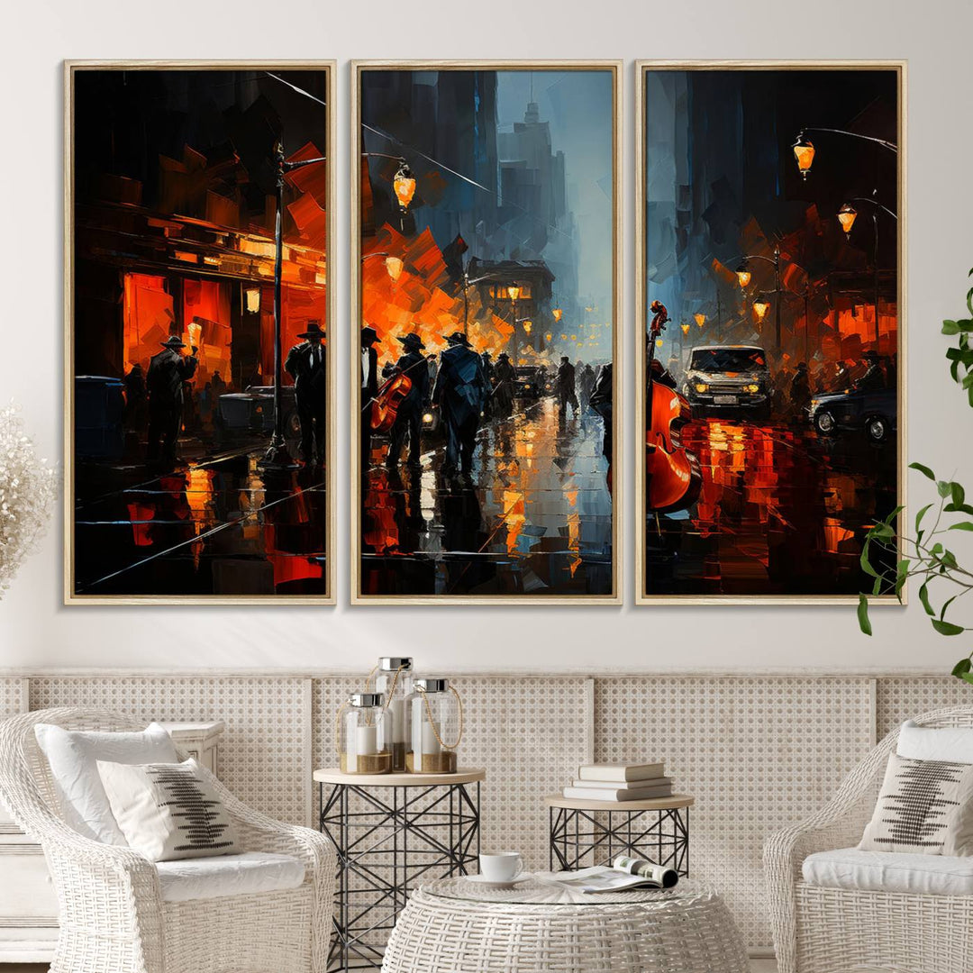 Framed Abstract Music Canvas: Jazz musicians on a rainy city street at night, with warm lights reflecting on wet pavement.