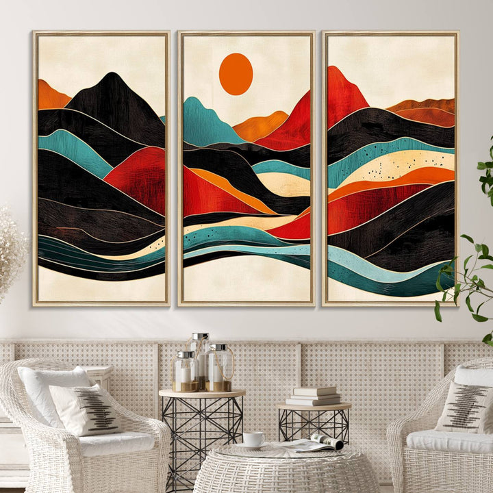 The Colorful Western Triptych Canvas features a vibrant mountain and sun design, making it perfect for modern kitchens or log cabin walls.