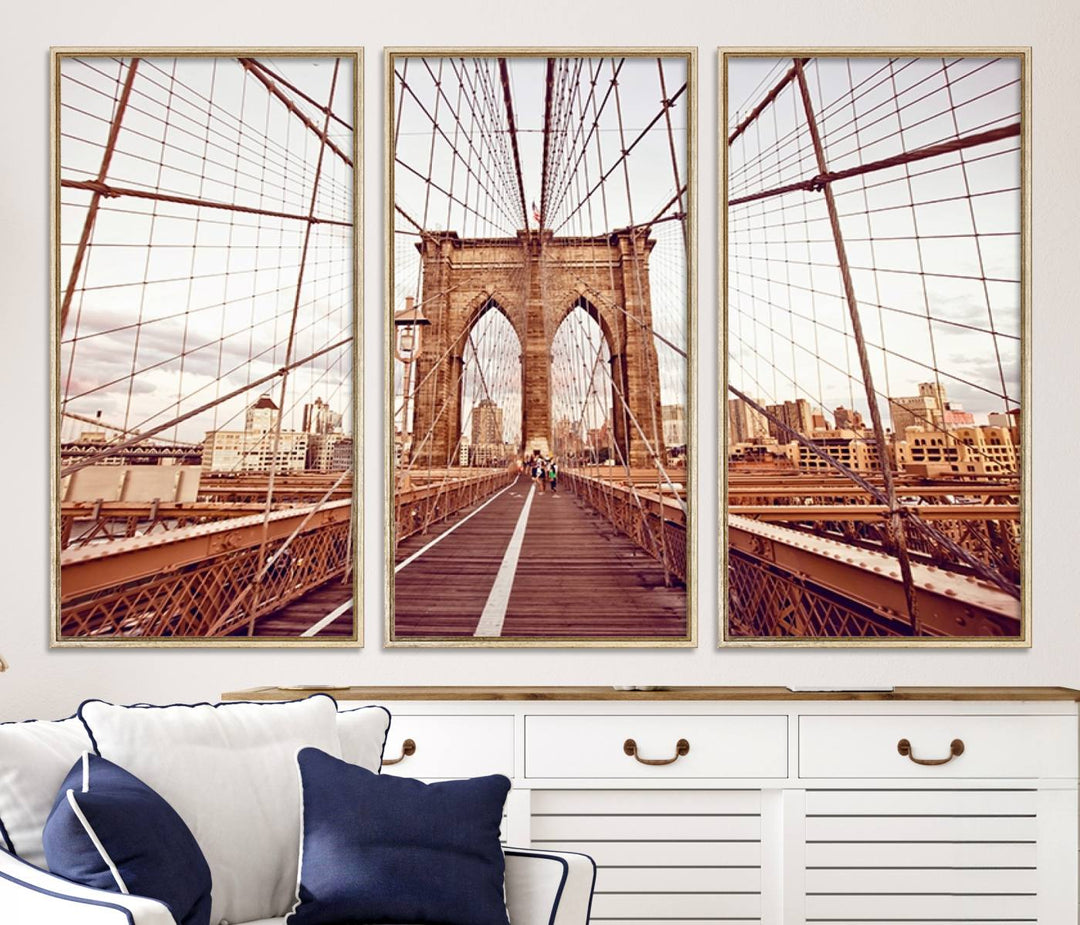 The three-panel "Wall Art New York Manhattan Cityscape Canvas Print" of the Brooklyn Bridge makes an ideal addition to minimalist interiors, capturing the essence of abstract expressionism.