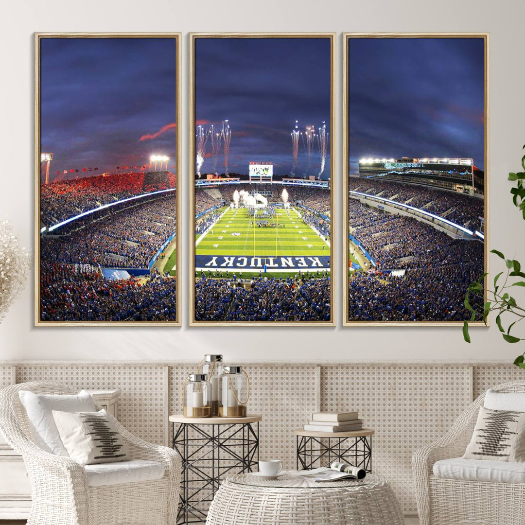 A filled stadium at dusk and fireworks overhead are beautifully captured in the Kroger Field Canvas Wall Art - Sunset Football Stadium Decor.