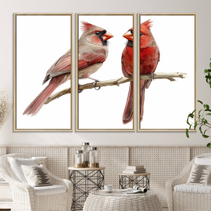 The Cardinal Bird Canvas Wall Art showcases two cardinals on a branch.